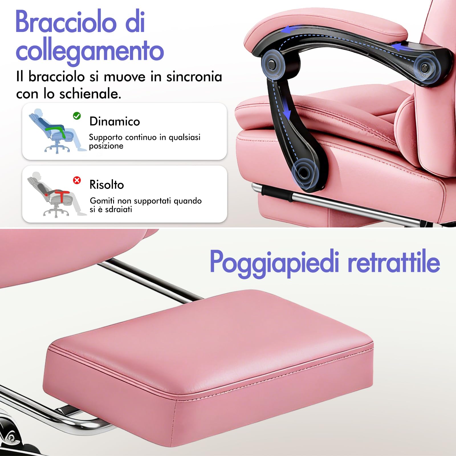 ALFORDSON Sedia Ufficio Ergonomica con Massaggio, Sedia Scrivania con Poggiapiedi e Supporto Lombare, Poltrona Girevole con Rotelle per Studio e Sala Riunioni, Similpelle(Rosa)