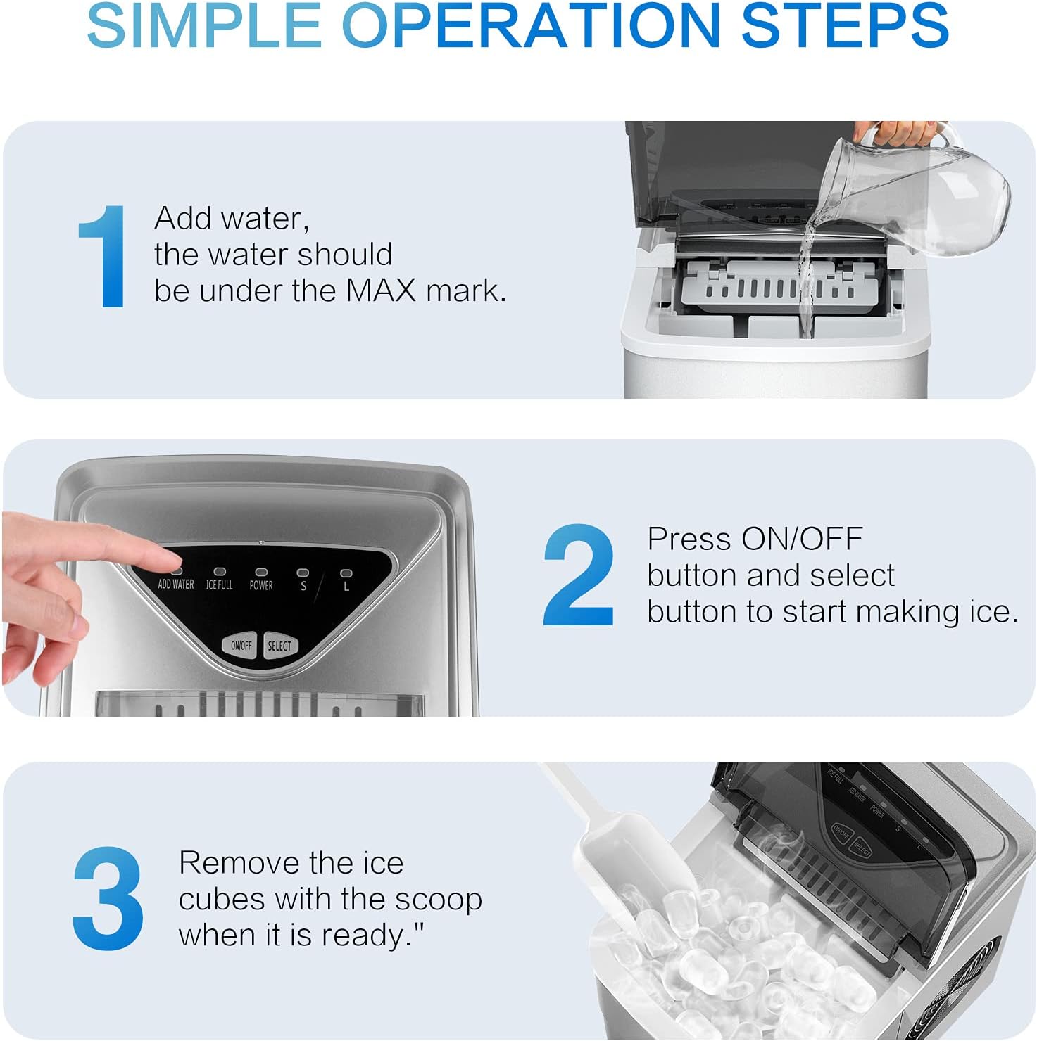 Ice Makers Countertop, Self-Cleaning Function, Portable Electric Ice Cube Maker Machine, 9 Ice Cubes Ready in 6 Mins, 26lbs 24Hrs with Ice Bags and Ice Scoop Basket for Home Kitchen Office Bar(Silver)