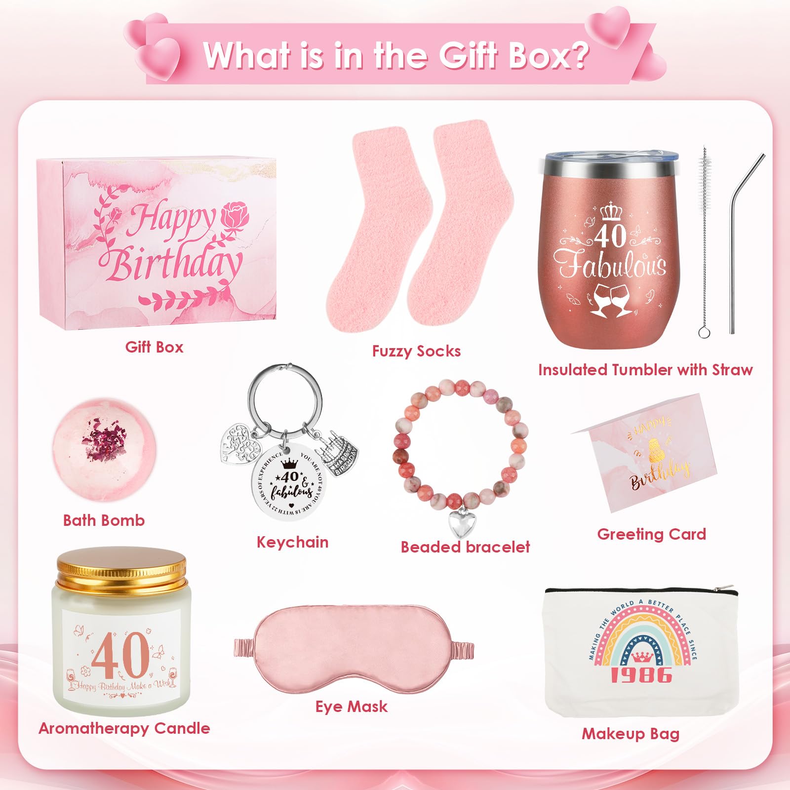 Belillpipi Regalo per il 40° compleanno per donne, regali di compleanno per lei, regali per donne che compiranno i 40 anni, set regalo per il 40° compleanno per migliore amica, moglie, mamma, sorella