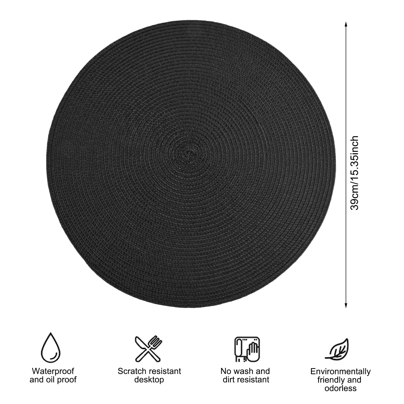 Tovagliette Americanate Intrecciate 38cm - Set Da 6, Antiscivolo E Termiche, Perfette Per Colazione E Cene Eleganti In Nero
