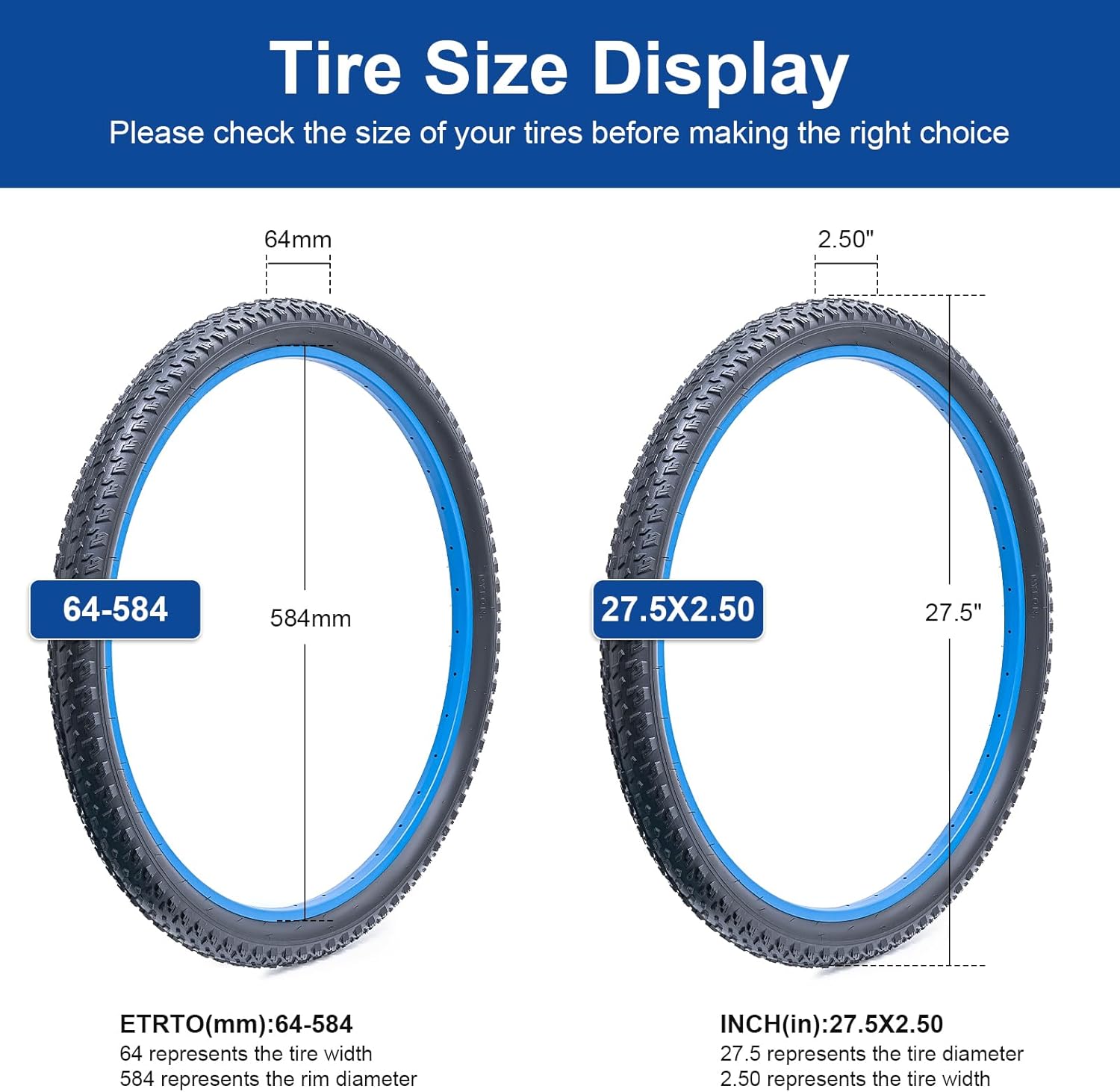 27.5x2.50 (64-584) Fat Bike Tire 27.5 inch Bicycle tire Suitable for 27.5X2.5 27.5 x 2.50 Off Road/Mountain Folding Replacement Bike Tire (Single)