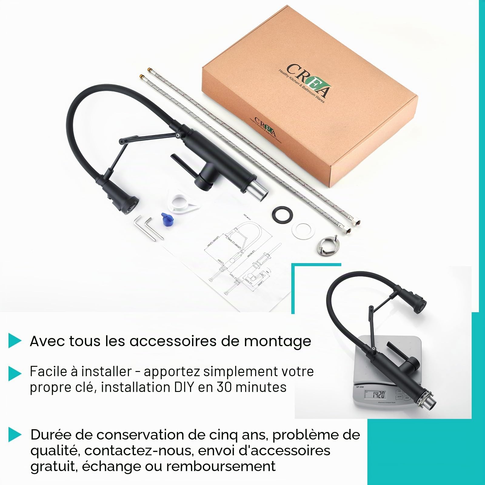 CREA Robinet de Cuisine avec Douchette Rabattable, Mitigeur Monocommande Robinet Évier de Cuisine Haute Pression avec Aimant Rotatif à 360° en Acier Inoxydable Mat Noir