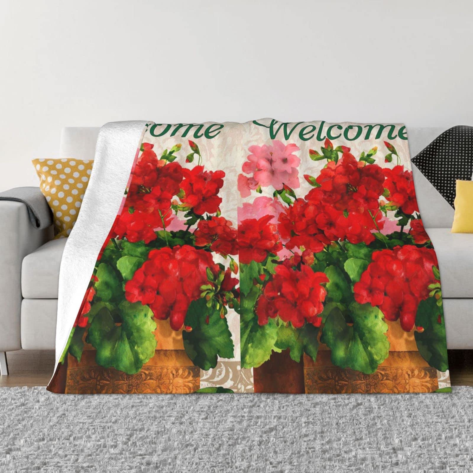 Couverture en flanelle douce géraniums rouges plaid peluche lit multi-tailles