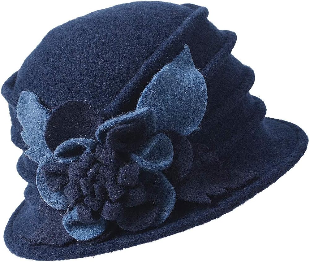 FORBUSITEVintage Women Floral Wool Dress Cloche Winter Hat 1920s, Navy Blue, M