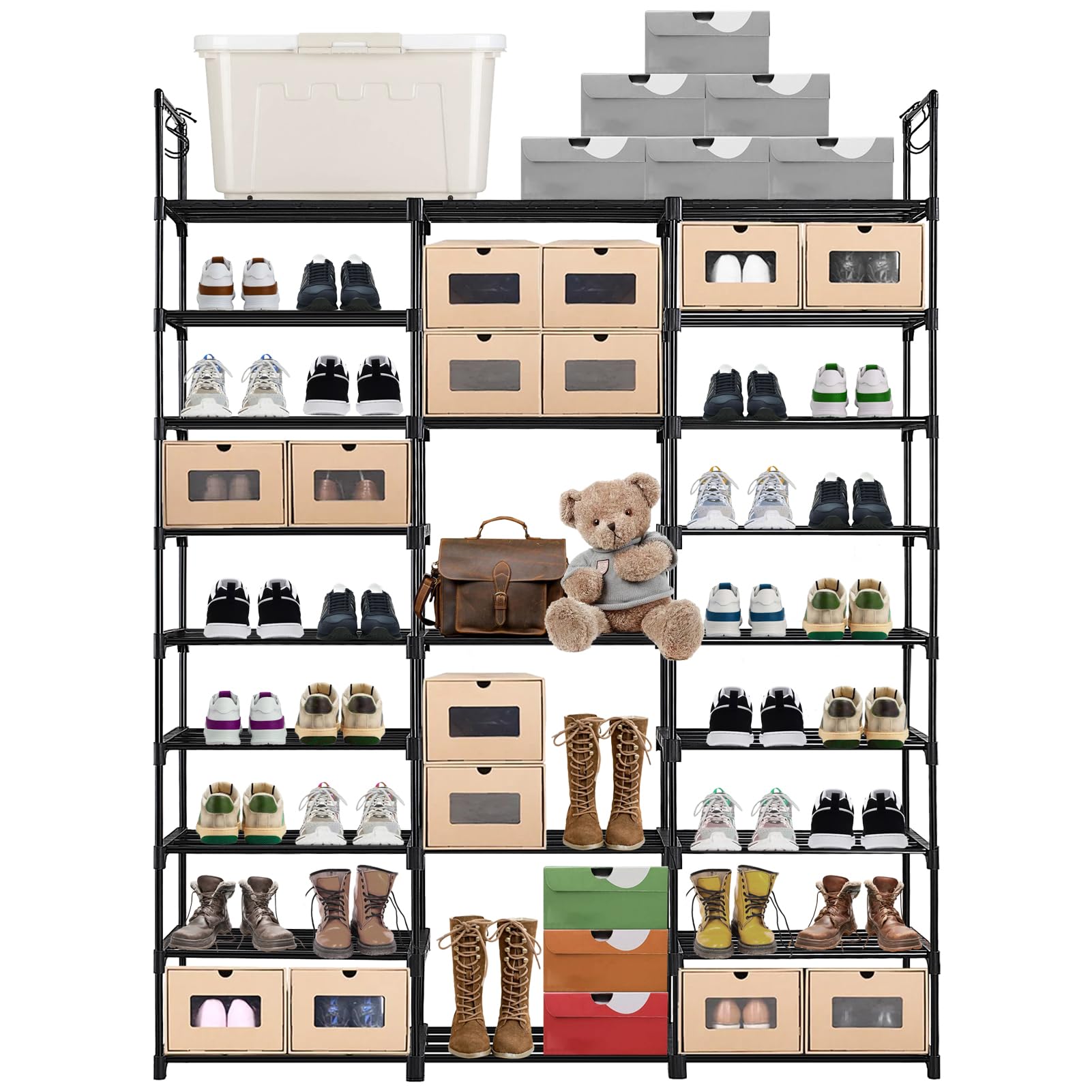 Scarpiera a 9 Livelli, Fai Da Te Porta Scarpe in Metallo con Ganci | può Contenere 50-55 paia di Scarpe e Stivali, Salvaspazio Scarpiera per Ingresso Soggiorno Guardaroba Camera da Letto, Nero