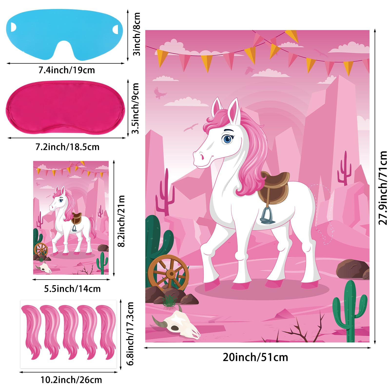 Eaezerav Pin The Tail On The Horse Game for Kids Pink Cowgirl Western Birthday Party Decorations Western Party Supplies Large Horse Game Poster with 30 Tail Stickers