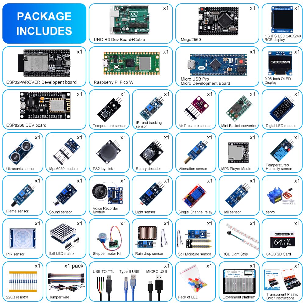 GeeekPi Ultimate Starter Kit, compatibile con Arduino UNO, Arduino Mega 2560, ESP32-WROVER, Raspberry Pi Pico W per principianti RPi e ingegneri software, Multi MCU Dev Board, sensori, tutorial
