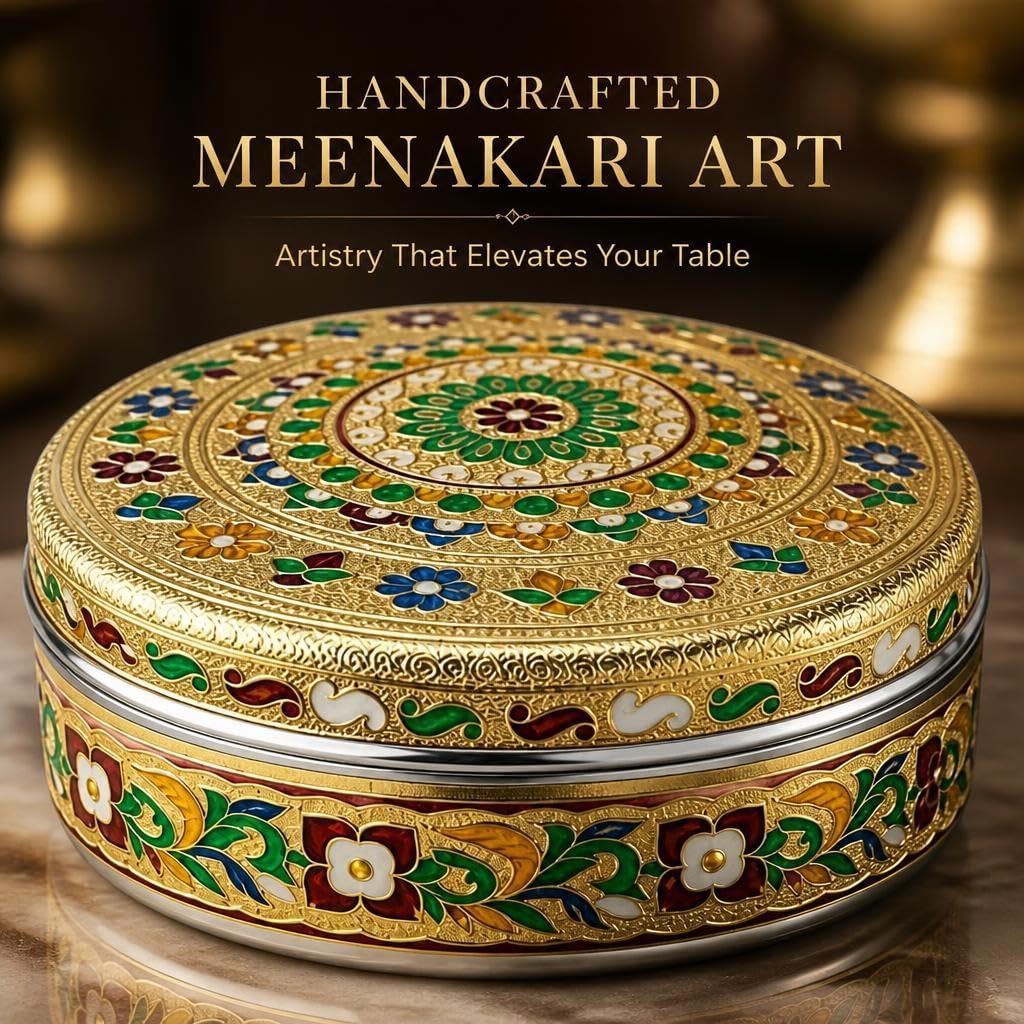 LOVENSPIRE Stainless Steel Tortilla Warmer with Lid (7.5 Inch) Handcrafted Meenakari Design Holder for Taco Night, Mexican Party, Bread & Naan Server, Decorative Kitchen Gift Pack of 1