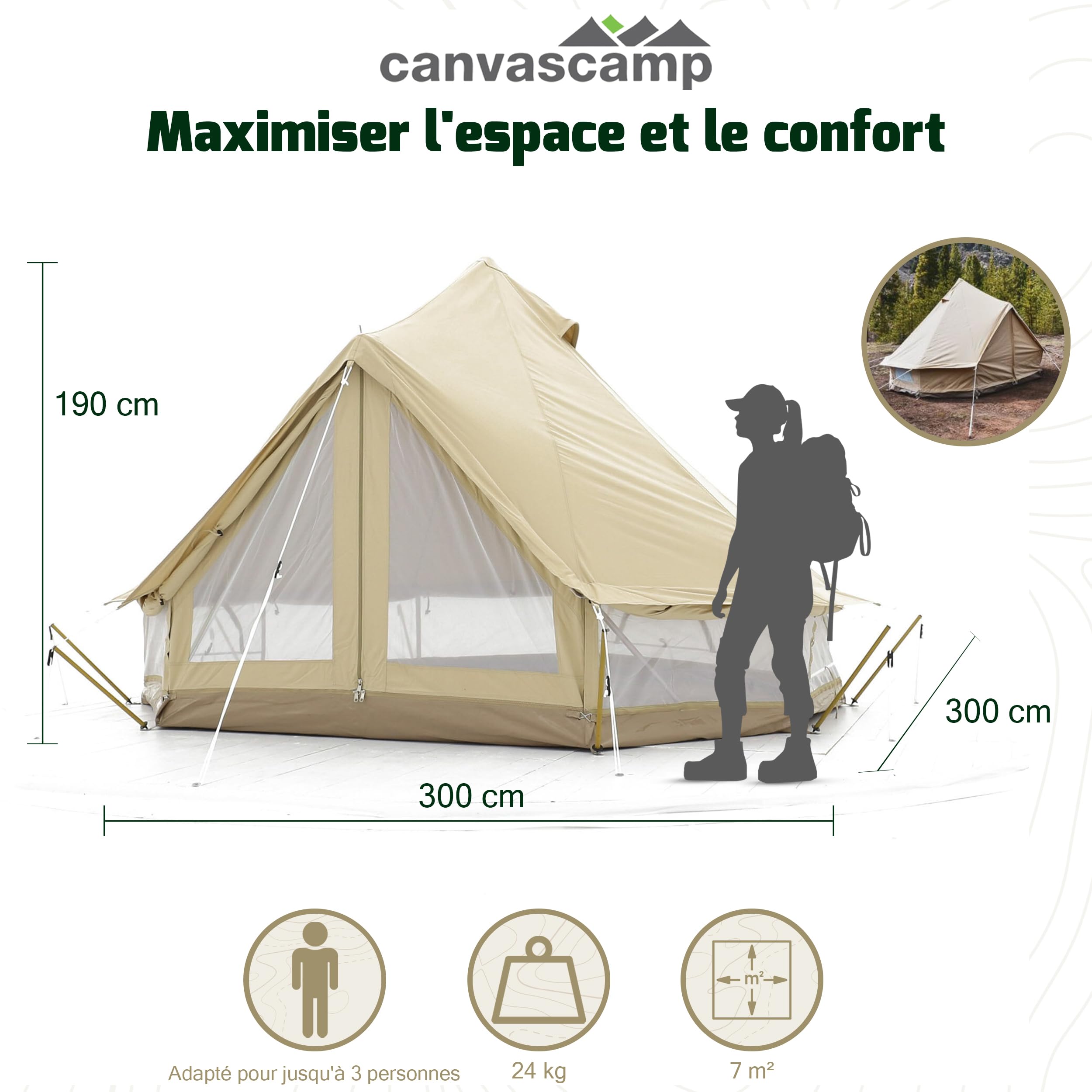 CanvasCamp Sibley 300 ProTech 3 Person Canvas Tent for Camping and