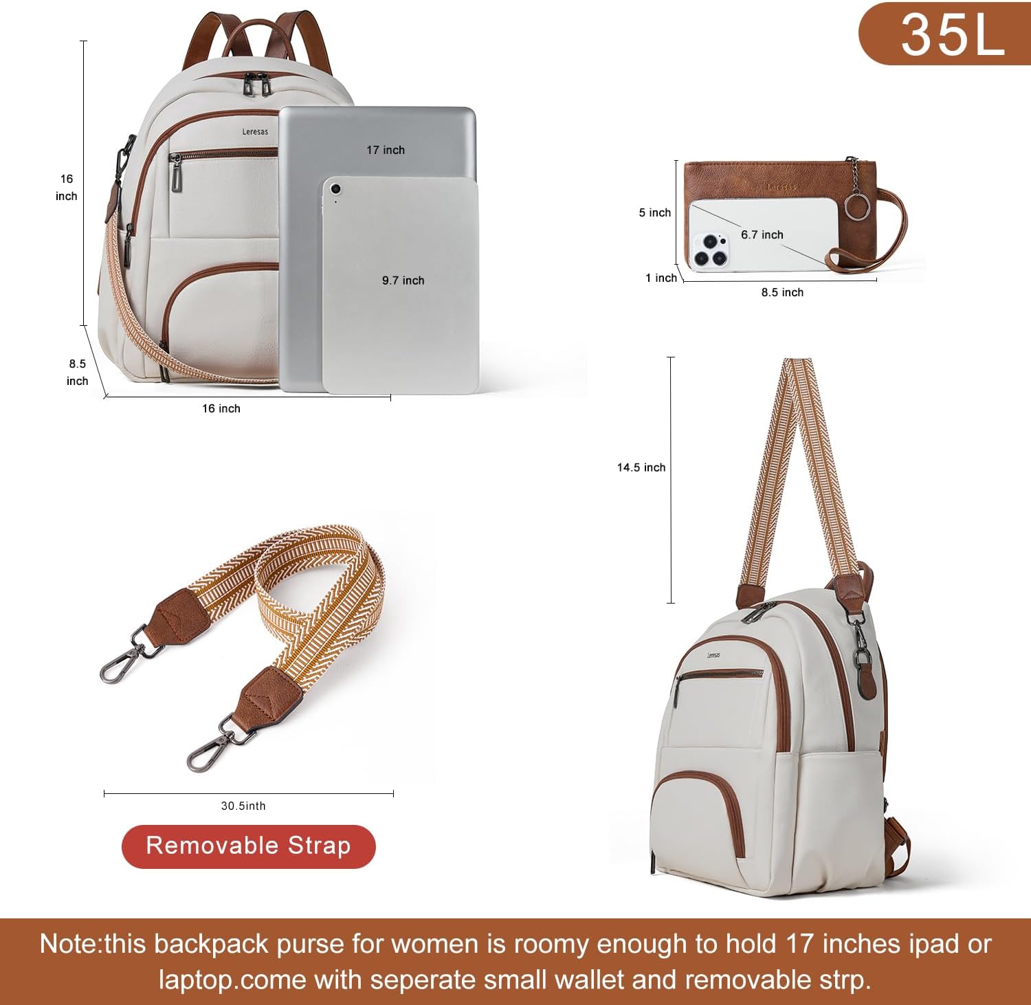 35L Backpack Purse for Women Men Large Travel Backpack for Work College Laptop Back Pack Vegan Leather Fashion Beige - Image 4