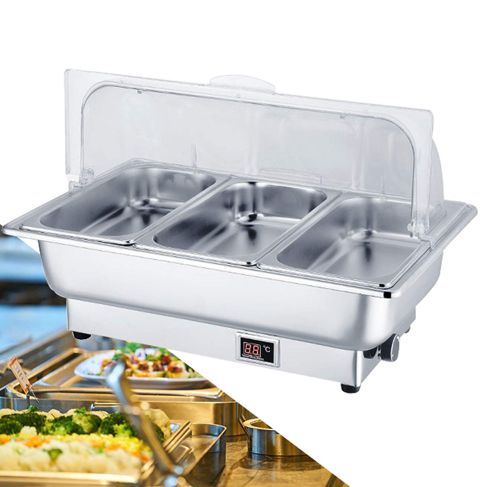 Chafing Dish, Scaldavivande Elettrico Acciaio Inox, Contenitore Scaldavivande Termico Scalda Cibo Commerciale per Buffet, Temperatura Regolabile (35-85 °)