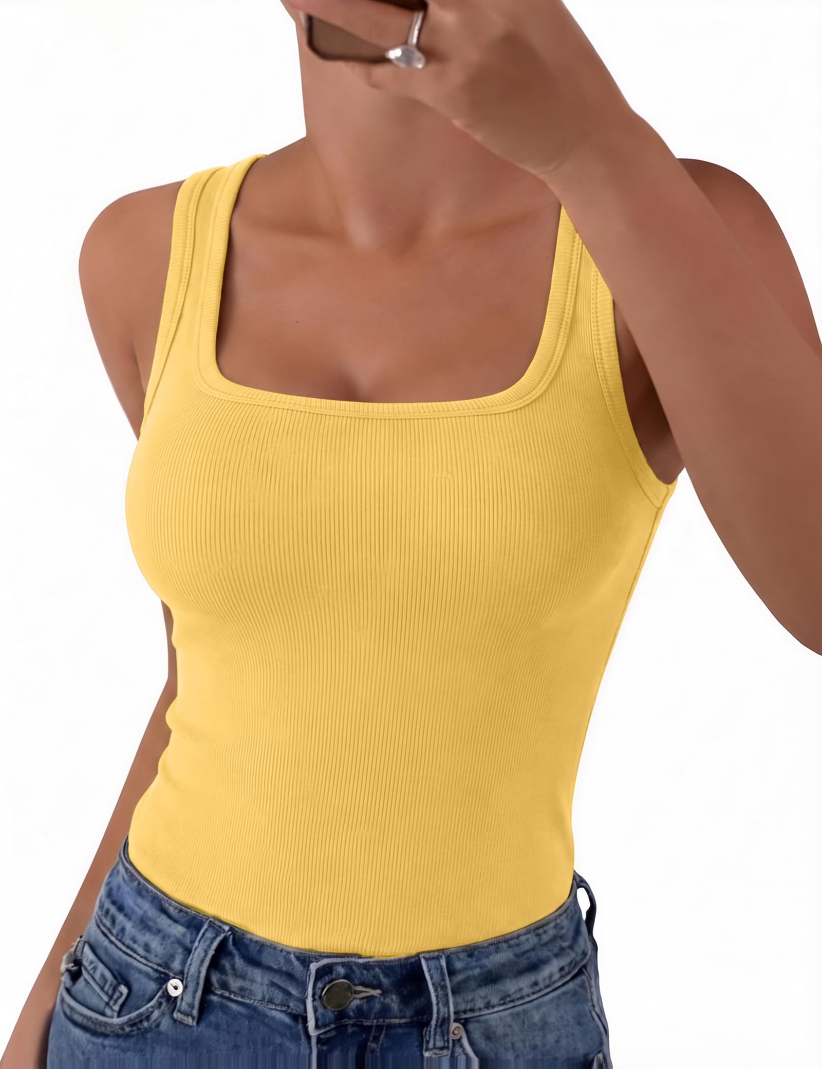 Aottori Camiseta sin Mangas Mujer Verano Cuello Cuadrado Tops Ajustado Elástico Camisetas Tirantes Elegante Punto Tank Top Sólido Básica Chalecos Top — view 15