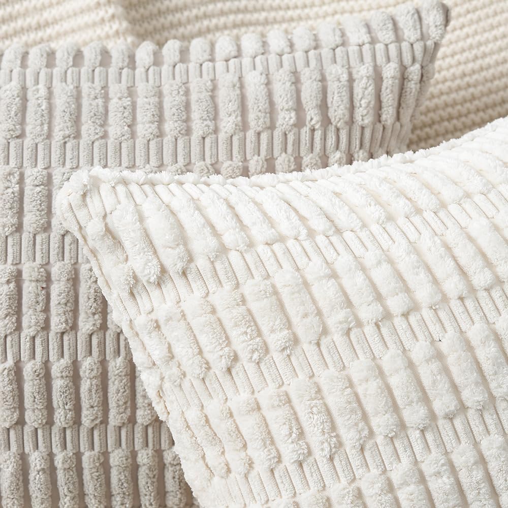 MADIZZ Pack of 2 Boho Striped Corduroy Throw Pillow Covers 26x26 Inch Beige Soft Decorative Cushion Cover for Sofa Bedroom Pillow Shell