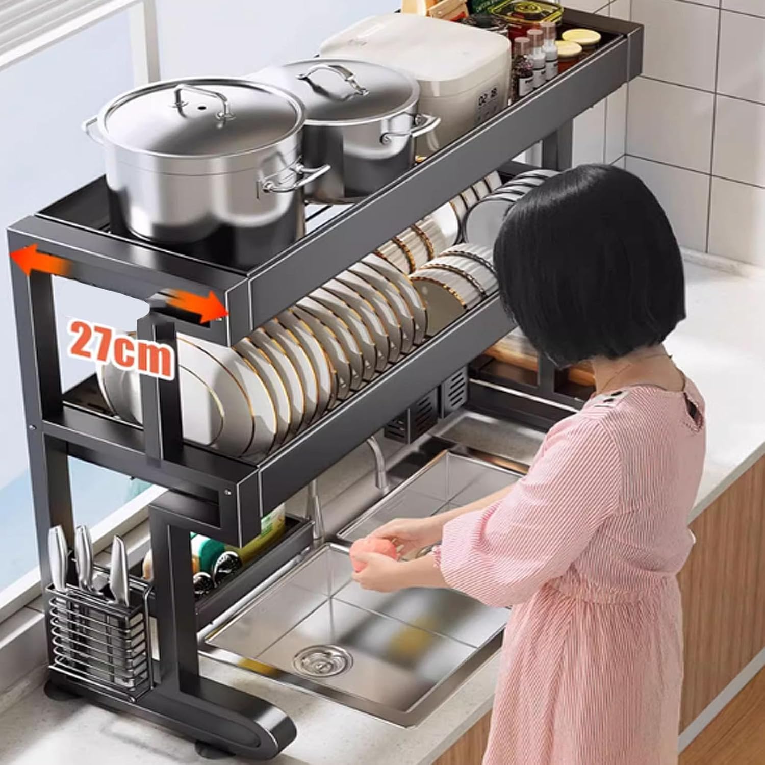 調節可能なシンク上水切りかご、マルチバスケット、調理器具ホルダー、スポンジキャディ付き。省スペースキッチンで効率的な乾燥収納。