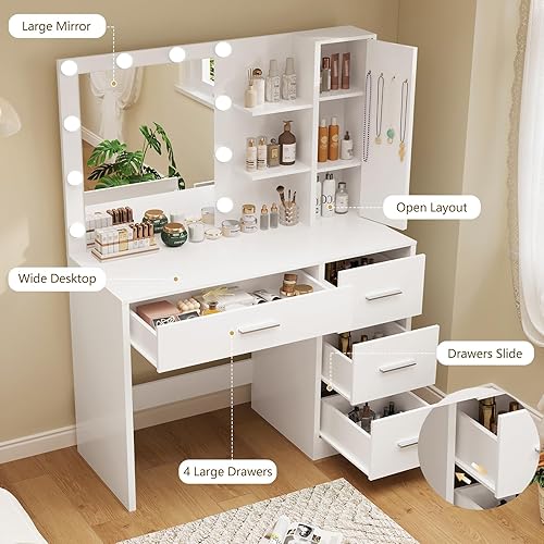 Miniatura 2 de usikey Tocador de maquillaje con luces, tocador con espejo y 10 luces LED, mesa blanca con 4 cajones, armario y 4 ganchos para collares, tocador