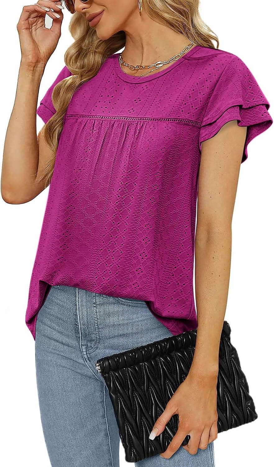 Zwurew Womens Summer Tops Crewneck Eyelet Ruffle Sleeve Blouses Casual Babydoll Shirts 2026 S-2XL image 2