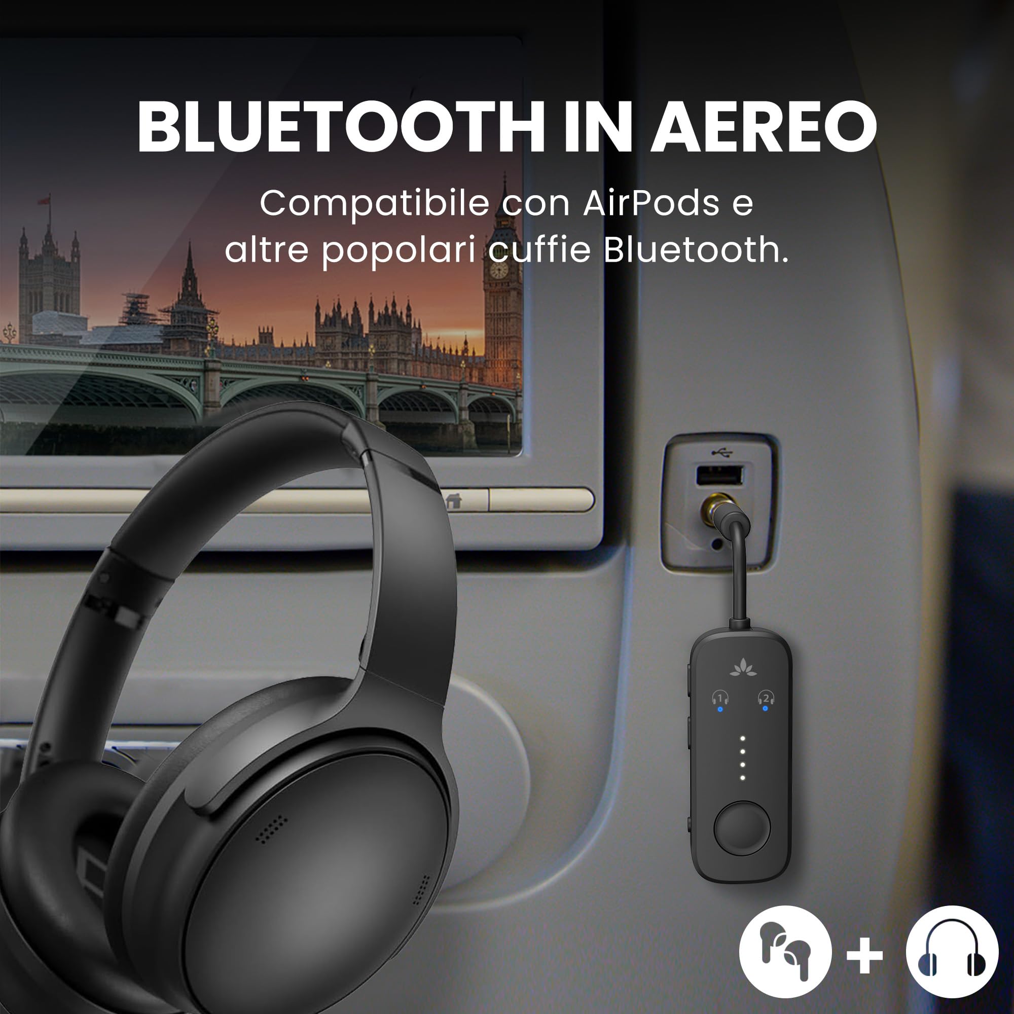 Avantree Relay – Adattatore Bluetooth 5.3 per Aereo con Qualcomm aptX Adaptive, Supporta 2 AirPods o Cuffie, 20h di Autonomia, Trasmettitore Wireless Audio 3,5 Mm AUX per Viaggio, Volo, Palestra