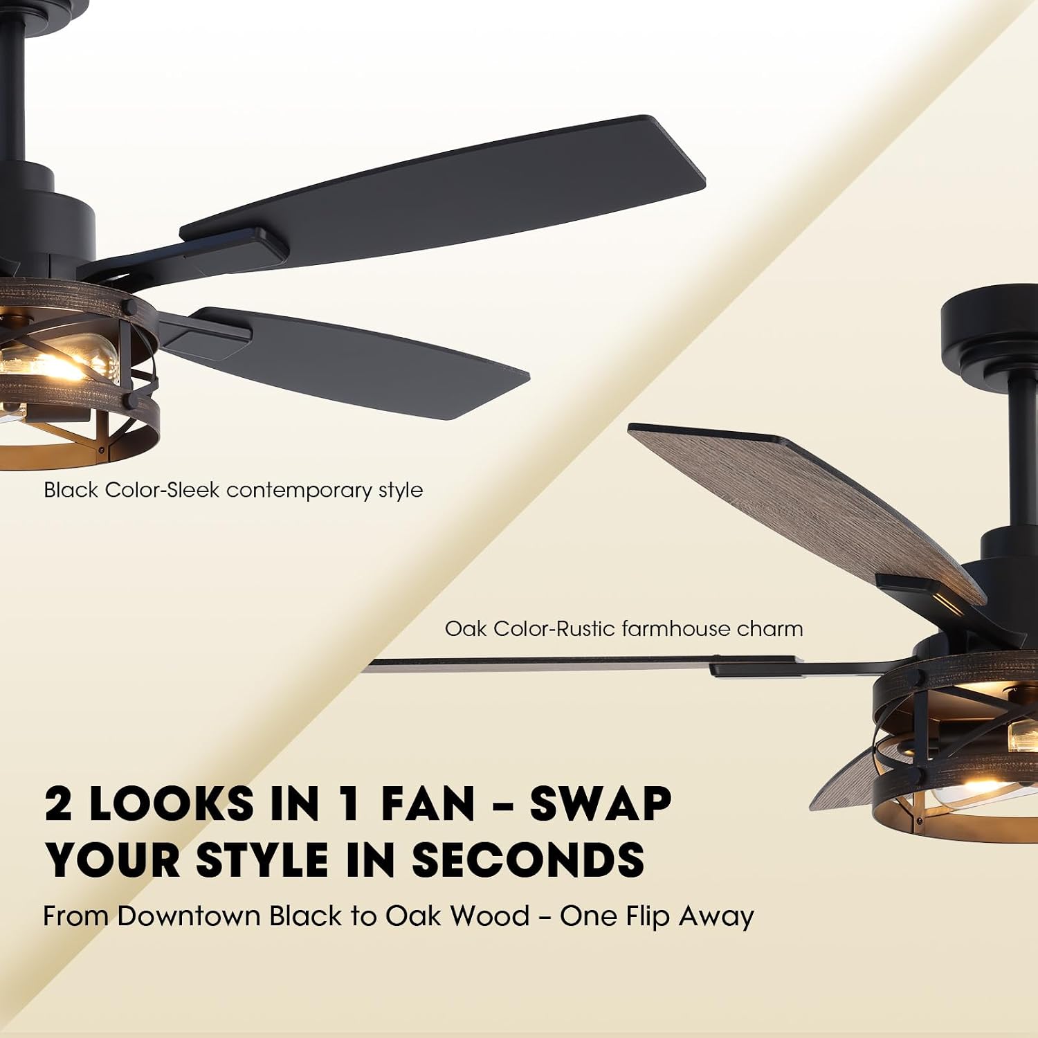 50 Inch Ceiling Fans with Lights and Remote & APP Control, Farmhouse Ceiling Fan with LED Lighting for Bedroom Living Room and Patio, Black Caged Ceiling Fan for Indoor and Outdoor(NO BULBS）