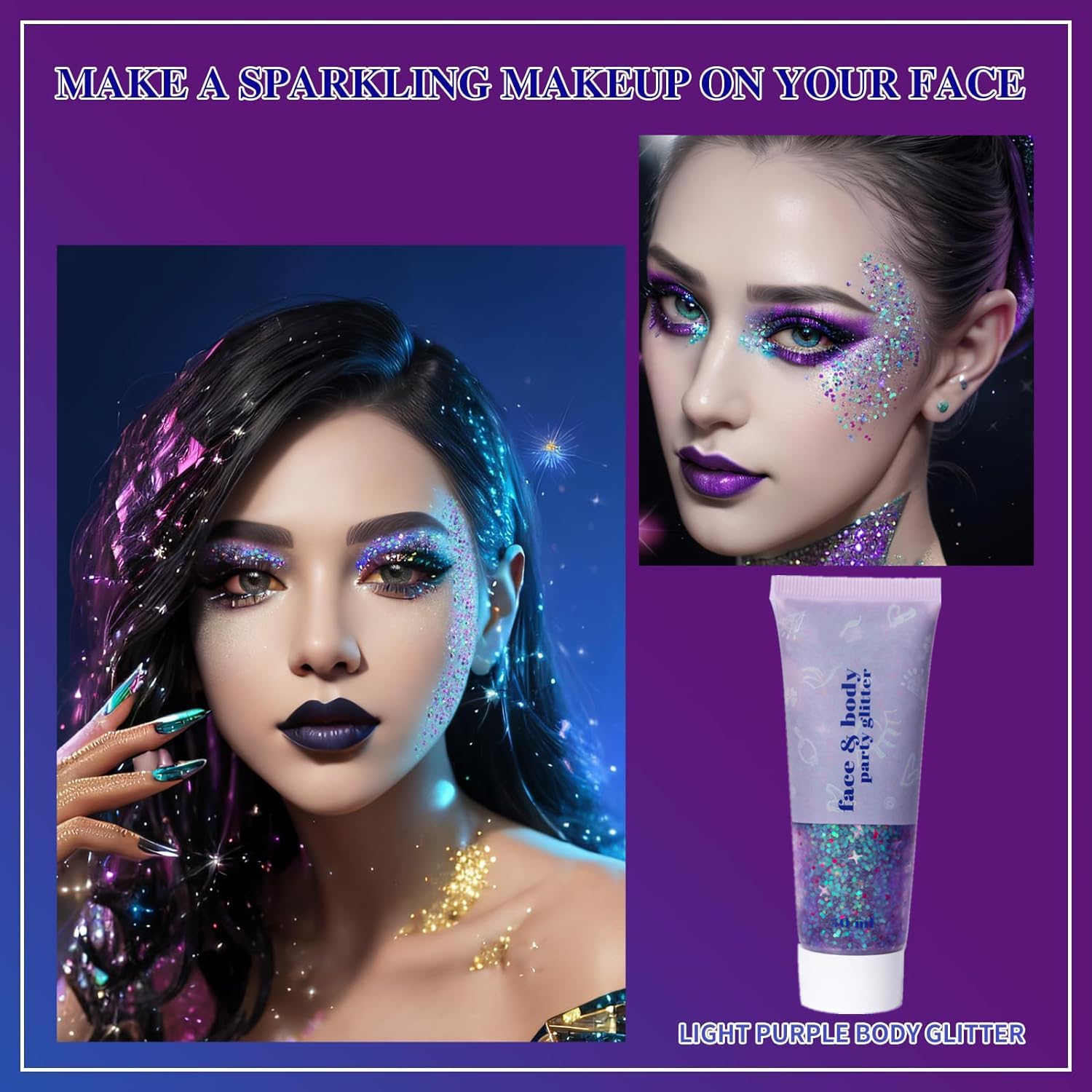 Go Ho Amethyst Purple Body Glitter Gel 50ML,Singer Concerts Face Glitter Makeup,Holographic Long Lasting Chunky Sequins Glitters for Eye Lip Hair Nails,Festival Rave Accessories - Image 2