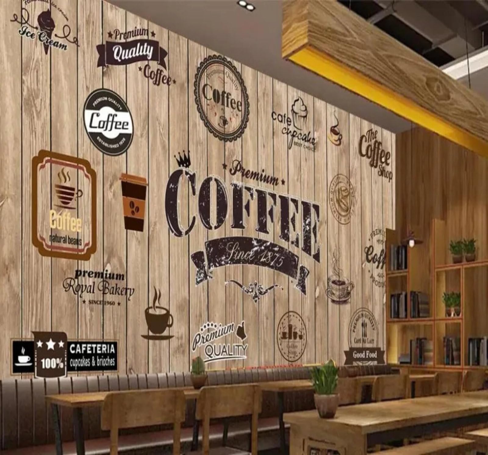 Xlming 350Cm×256Cm(B×H) Retro Woodgrain Hand Drawn Coffee Art 3D Wallpaper Premium Textured Silk Study Dining Living Room Bedroom Sofa Tv Wall Easy Install-350Cm×256Cm