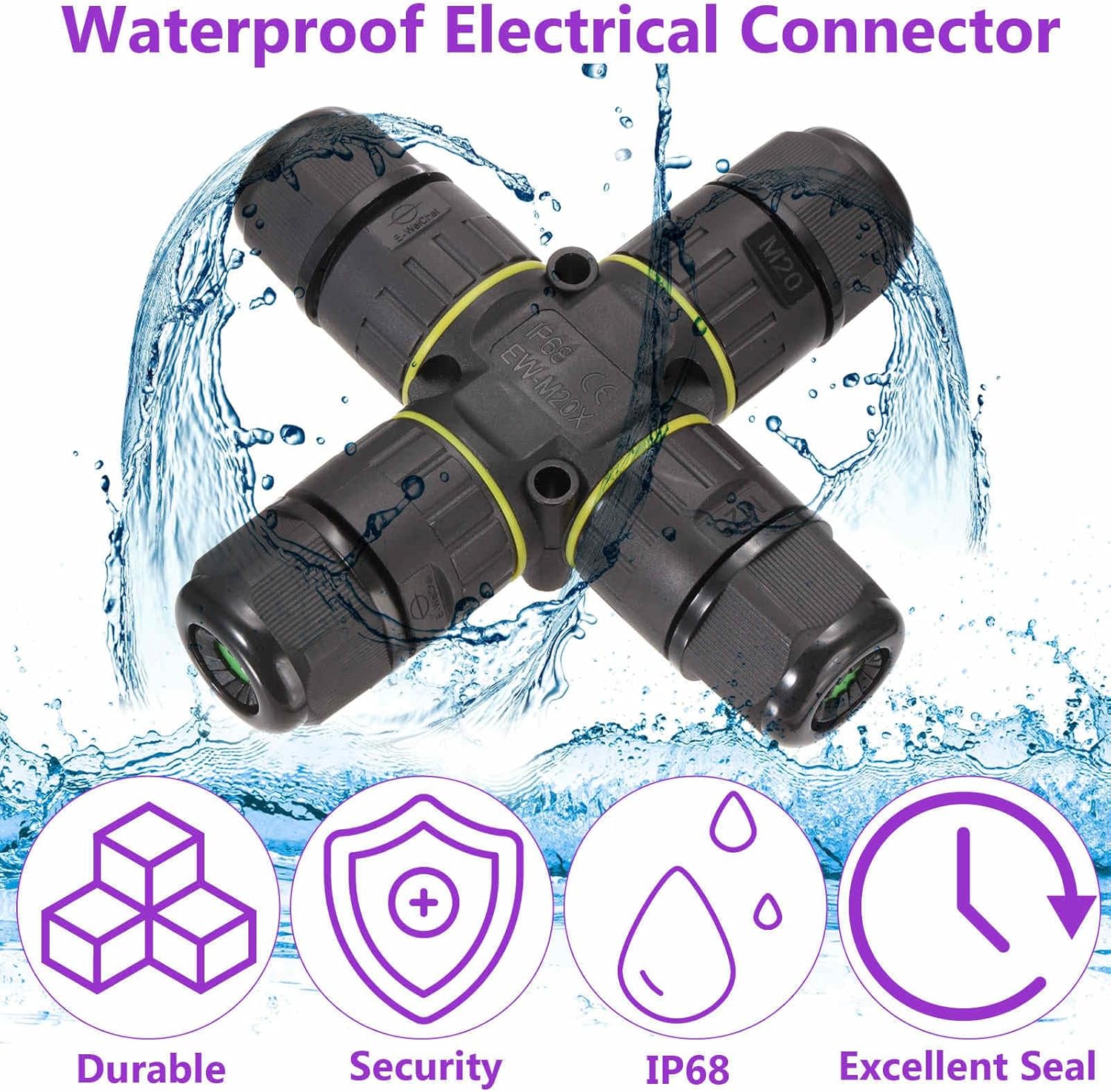DMiotech 2 Pcs Waterproof Junction Box Electrical Cable Connector M20 3 Pin Outdoor Wire Connectors Wire Range(5-9mm) for Tunnel Lights, Underwater Lights, Garden Lights