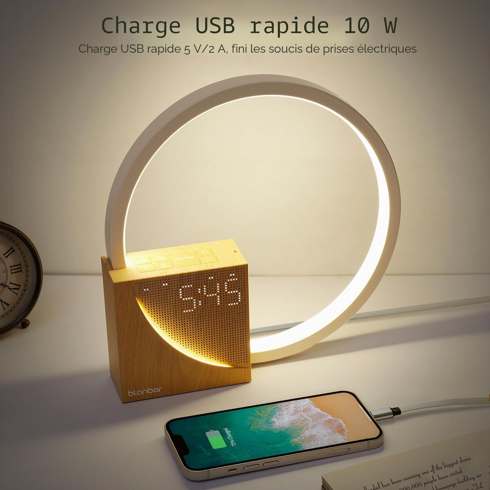Blonbar Lampe de chevet avec charge USB, contrôle tactile, réveil lumineux, aide à l'endormissement, 3 niveaux de luminosité