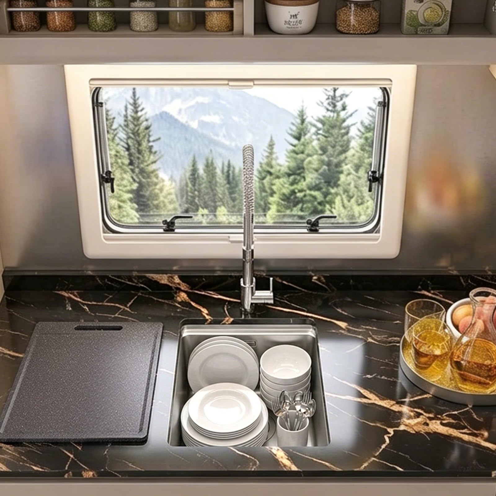 Évier 35x45cm Dissimulé Brossé 304, Encastrable, Bar/Cuisine/Rest. | + Pl. à Découper, Siphon & Bonde, Trop-Plein Inclus, Acier Inox 304 Brossé, 1 Bac Camping-Car, Ext./Jardin/Atelier Restaurant