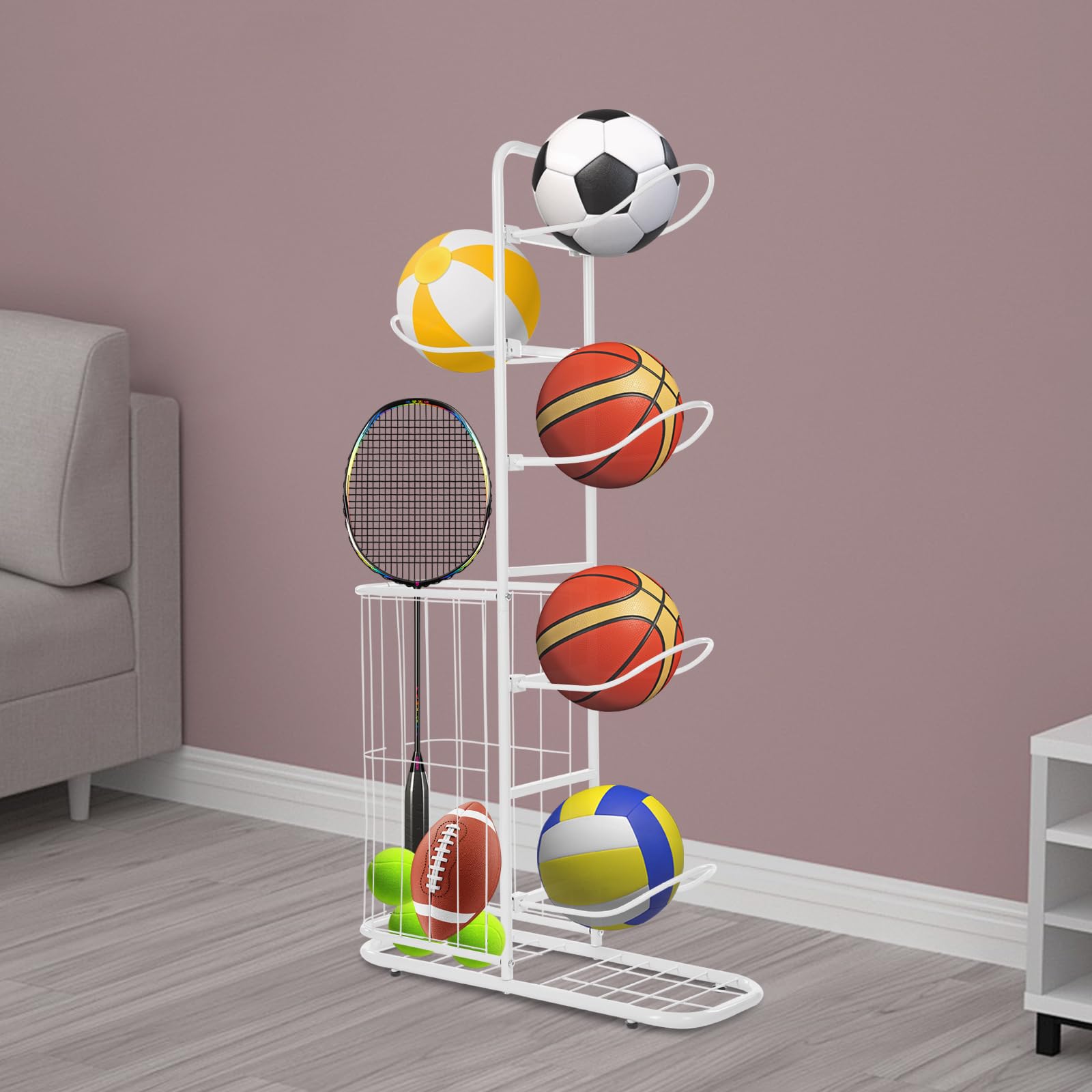 Treeisland Estantería de almacenamiento para pelotas de baloncesto, con 5 soportes de bolas y cestas, para fútbol, baloncesto, voleibol, color blanco