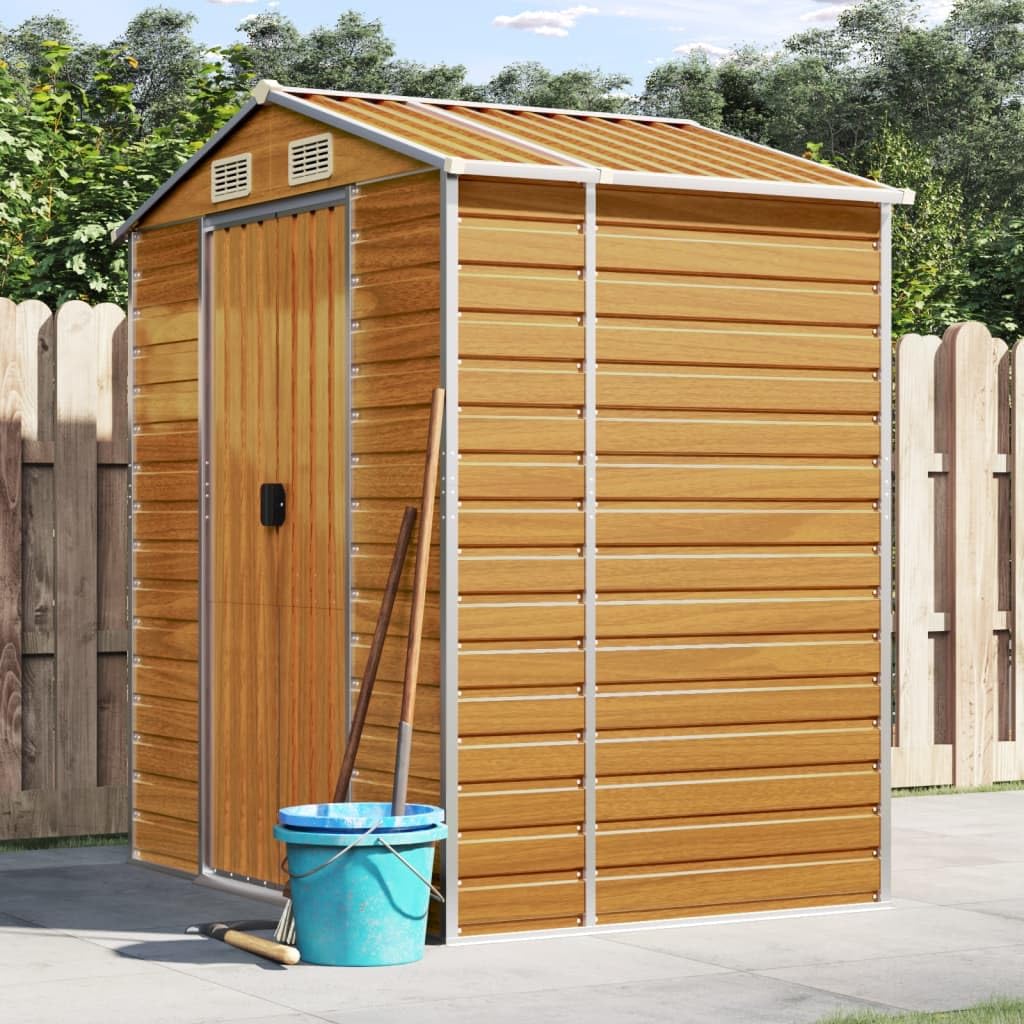 Light brown galvanized steel garden shed with closed doors and roof vents