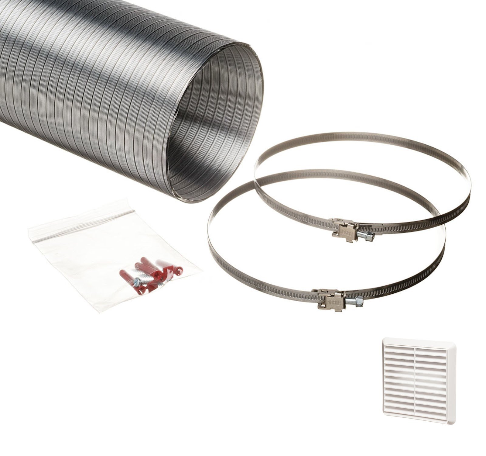 Naplesuk White Universal 125Mm Cooker Hood Ducting Kit Semi Rigid Aluminium 127Mm Internal Diameter Hose Length 1.5 Metre With Louvred Fly Screen Grille