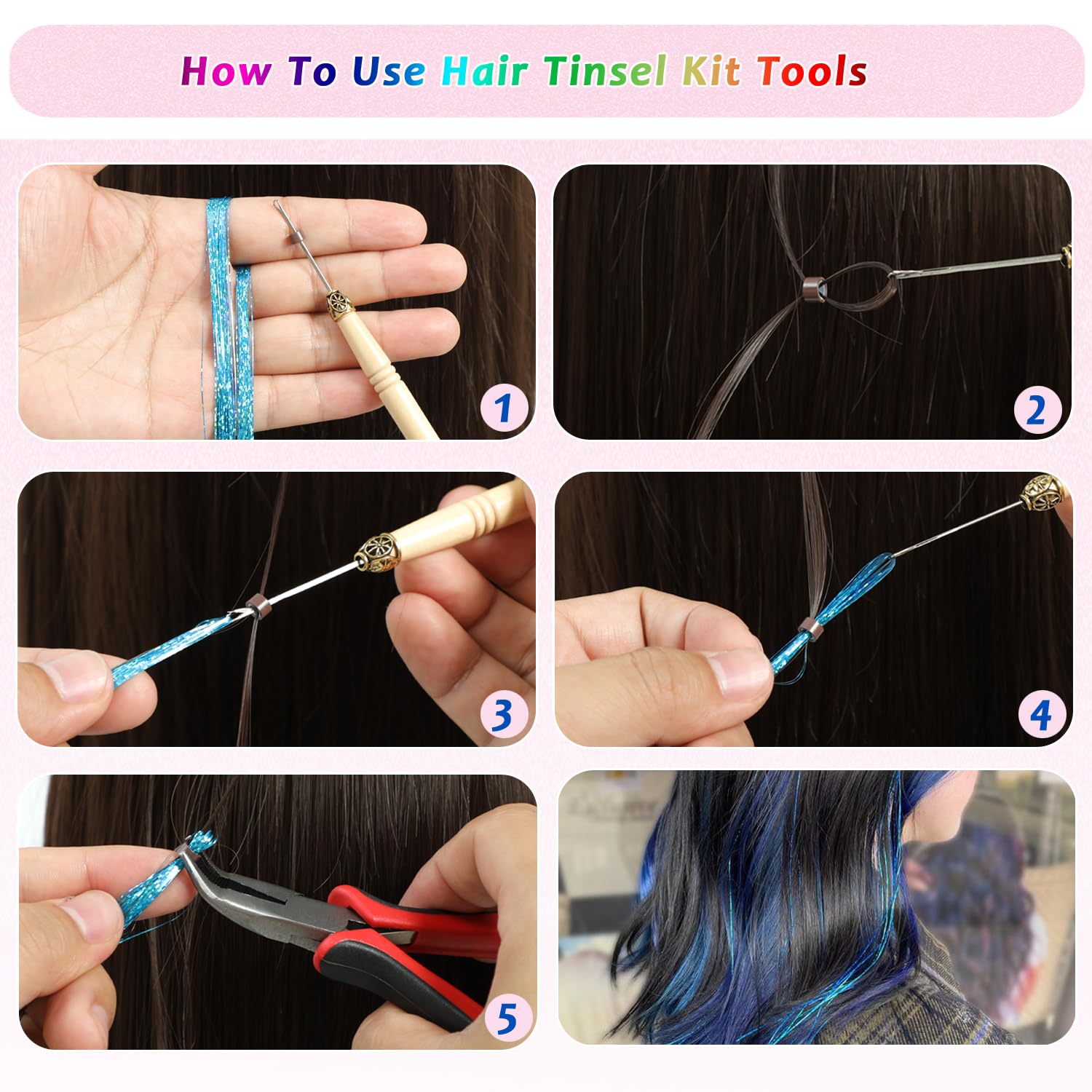 Kit de oropel para el cabello, 24 colores, 7800 hebras de cabello con herramientas, extensiones de cabello de oropel con purpurina de 48 pulgadas, kit de oropel de pelo de hada festivo, para 7
