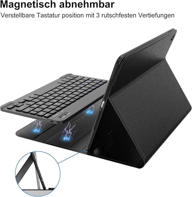 FOGARI Bluetooth Billentyűzetes Tok iPad 10.2/10.5 Készülékekhez - Német QWERTZ, Levehető, Újratölthető, Kompatibilis 9/8/7 Generációs iPad,