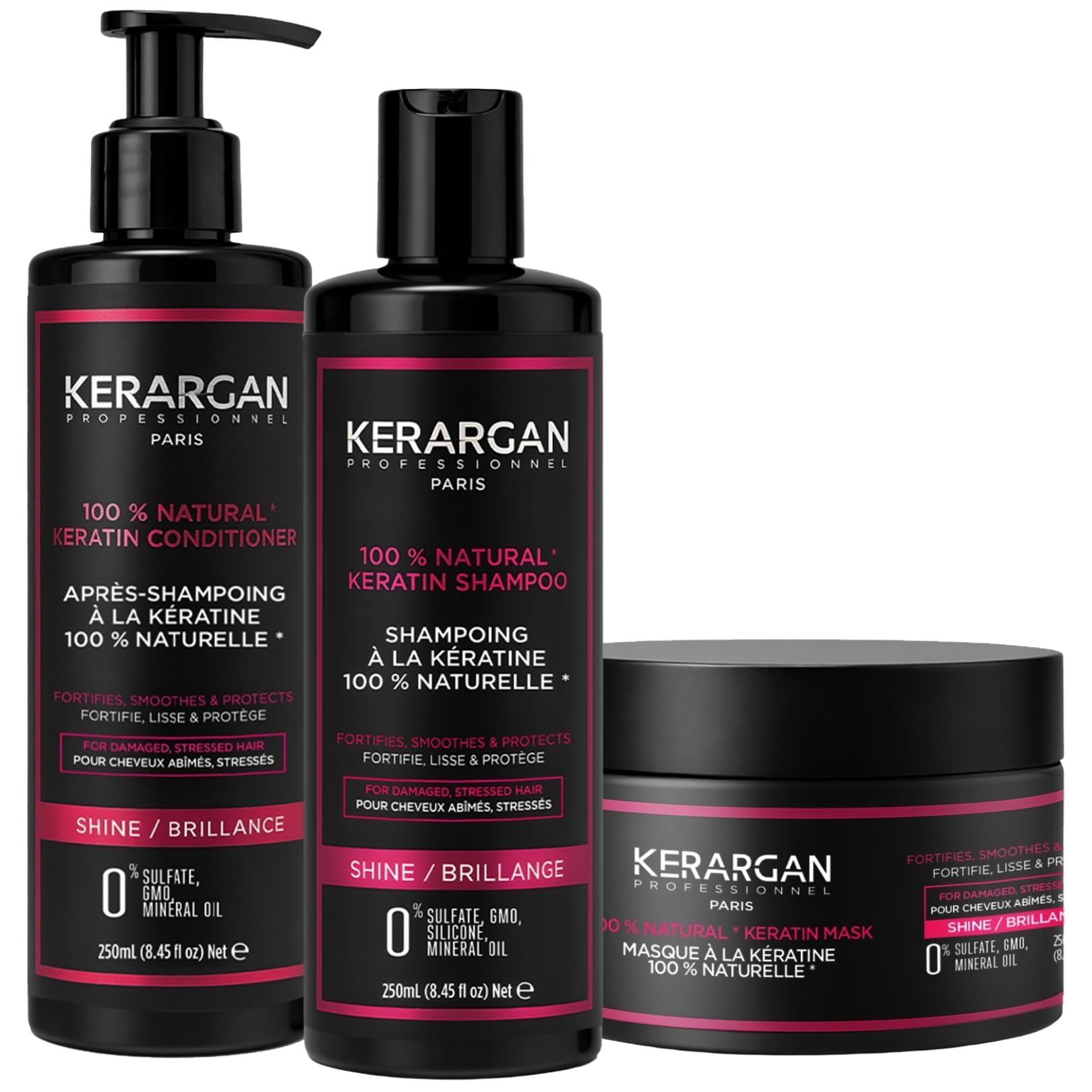 Kerargan - Ultra-Repair Keratin Shampoo, Conditioner & Mask Trio for Damaged and Stressed Hair - Nourishes, Smooths & Strengthens - Sulfate-Free, GMO-Free, Silicone-Free - 3x250ml