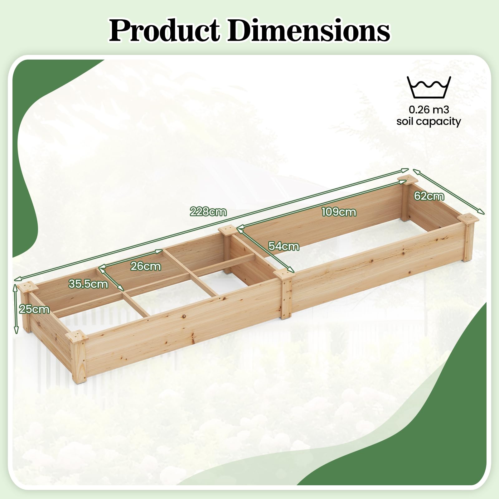 FANTASK Hochbeet Tannenholz, 228 x 62 x 25 cm, Blumenkasten mit 2 Pflanzkästen & Trennwänden, Gartenbeet für Gemüse, Blumen & Kräuter, Pflanzbeet für Garten, Terrasse, Balkon (Natur)
