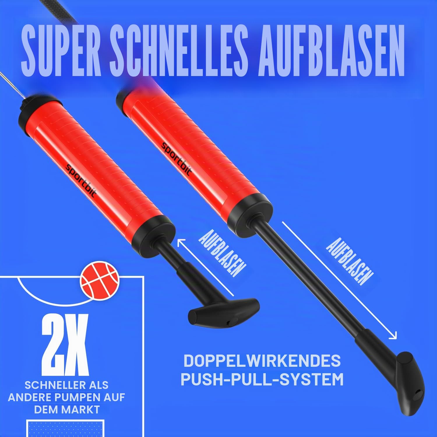 SPORTBIT Ballpumpe für Sportbälle – Basketballpumpe für Sportbälle – Fußball- & Volleyballpumpe, Basketball, Schwimm-Inflatables – Handluftpumpe mit 3 Nadeln, Düse, Verlängerungsschlauch, Tasche