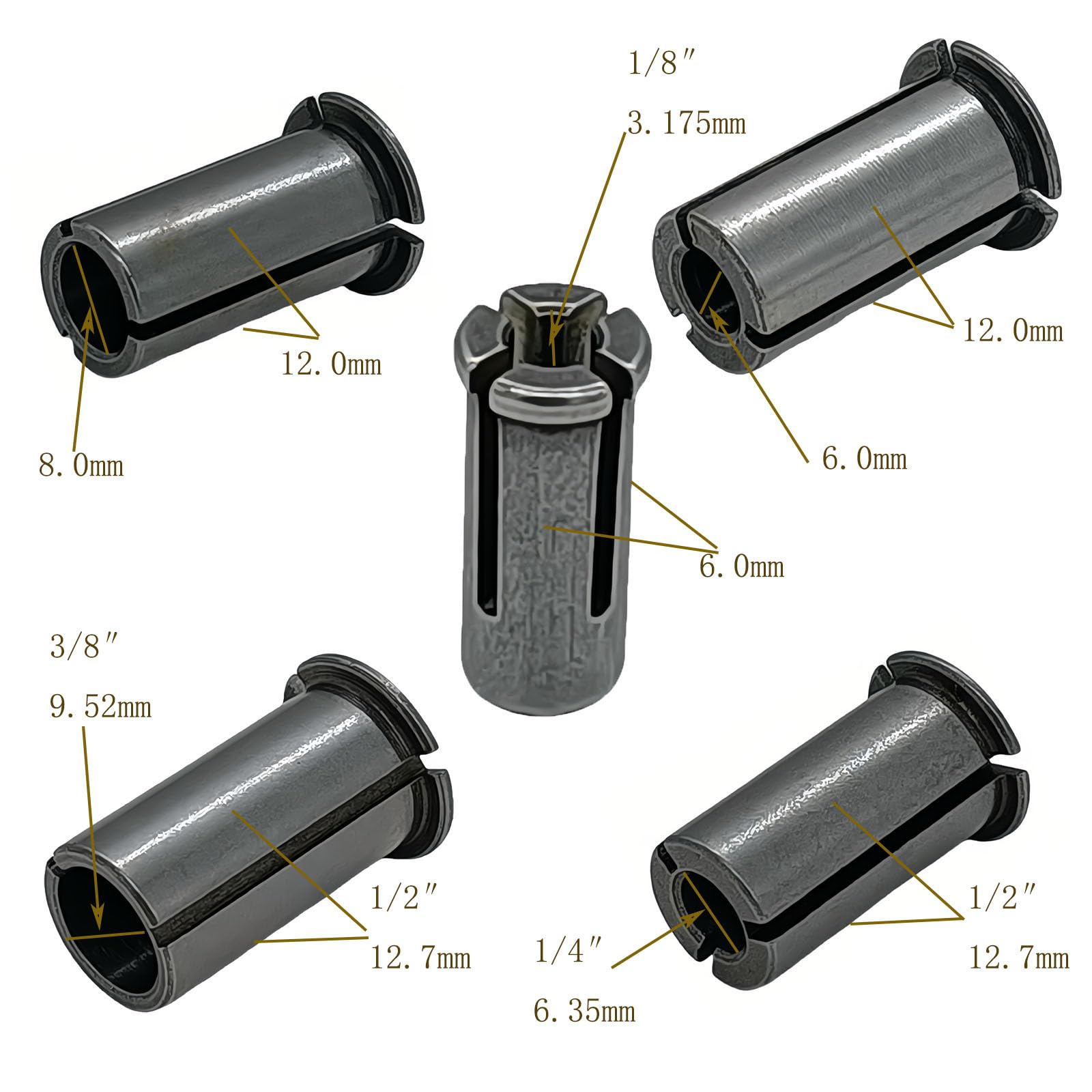 Stainless Steel Router Collets - 5 Sizes Included -3 Stainless Steel Router Collets - 5 Sizes Included -3