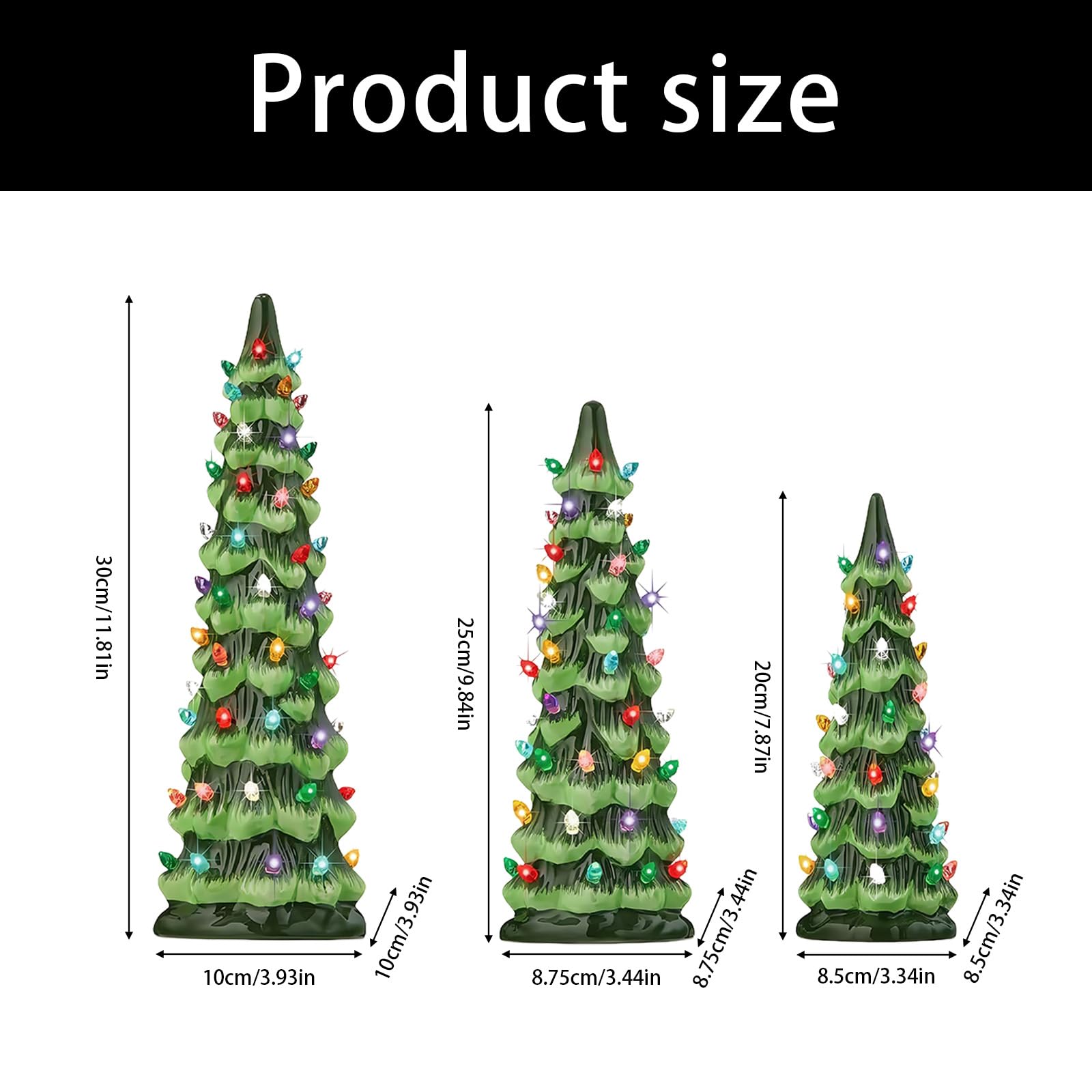 3 árboles de Navidad de cerámica de mesa, retro pintados a mano con temporizador, decoración navideña preiluminada, bombillas LED amarillas, adorno de festival de fiesta en casa