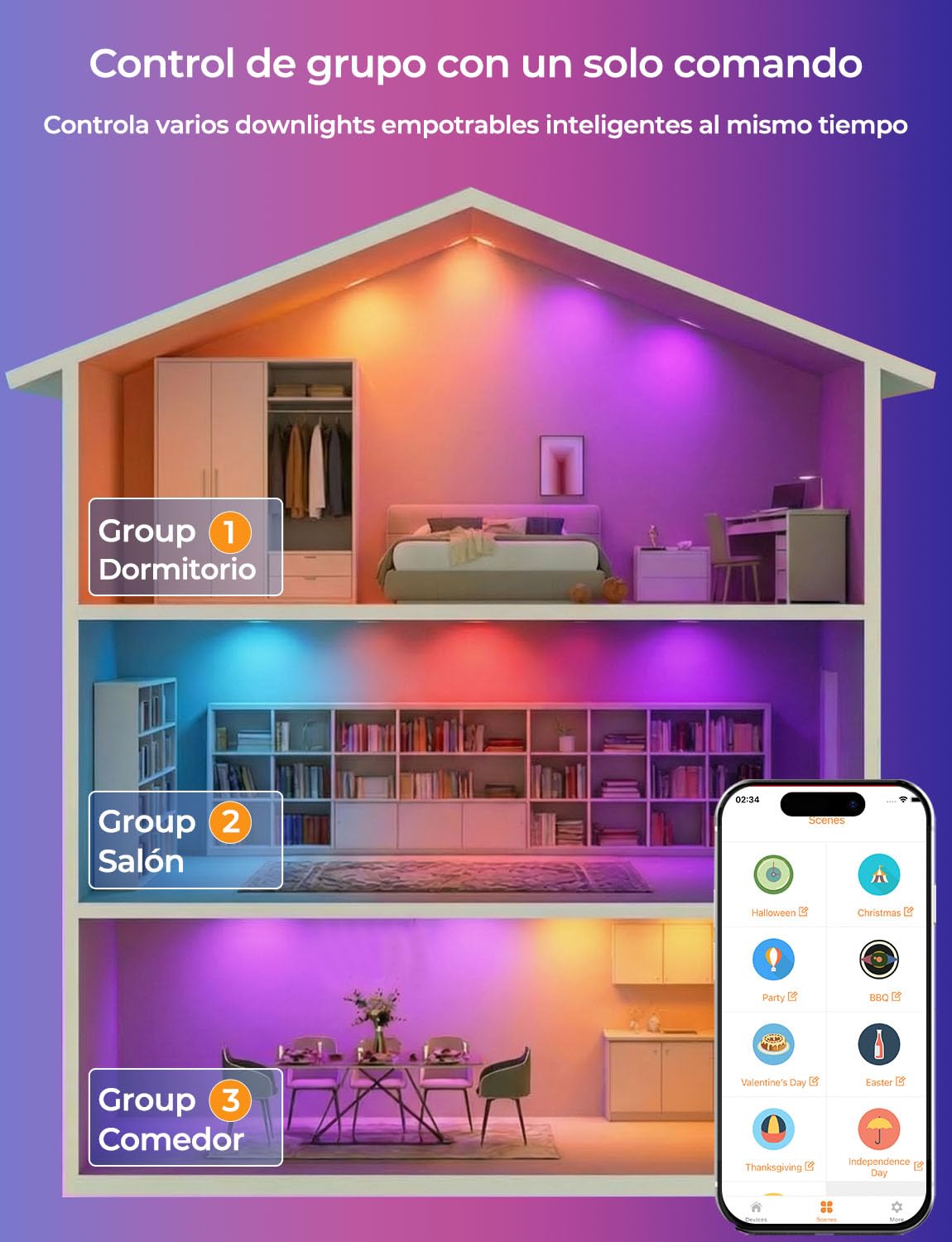 HEKEE Foco Empotrable LED Para Techo RGB, Ф68-85mm Colores Foco Empotrable LED, Cambio De Color CCT+ RGBW Aplicación Controlada Downlight (6 Unidades)
