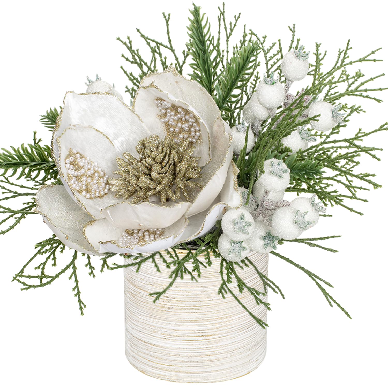 Briful Kunstpflanze Weihnachtsdeko Künstliche Pflanze Magnolie Gestecke Weihnachtsarrangement im Keramiktopf mit Tannenzweig Kugeln Berries Tannenzapfen, Dekopflanze Zimmerpflanze Tischdeko