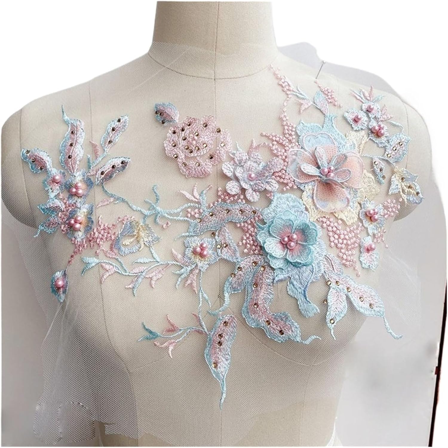 Beaded Embroidery Lace Appliques Flowers Beaded Lace Fabrics Sewing Patches for Wedding Evening Dress Clothing(Color 6)