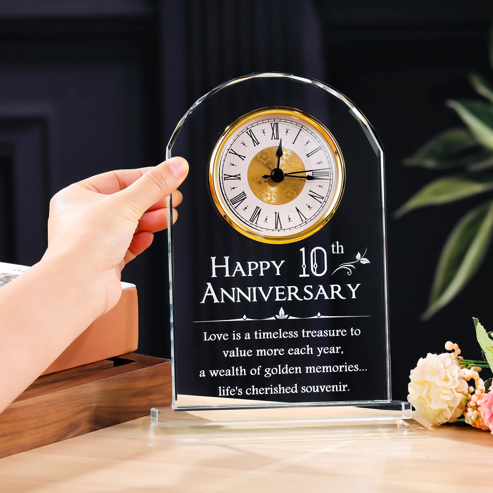Movdyka Crystal 10th Anniversary Desk Clock Gifts Tin Wedding Presents for Married Couples 10 Years of Marriage Home Ornaments Anniversary Keepsake for Wife Parents - Image 4