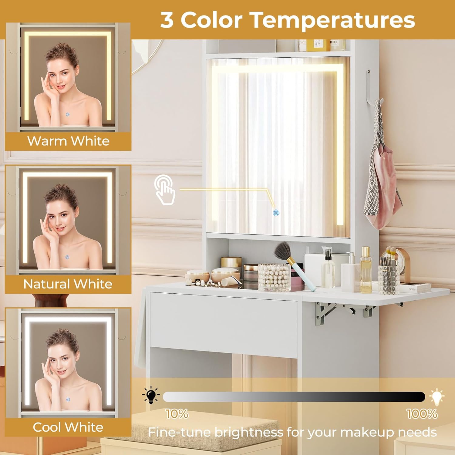 LOKO Narrow Vanity Desk with Mirror & Lights, Space-Saving Makeup Table with Stool, Glass Tabletop, 2 Drop Leaf Tables, Charging Station, Hidden Storage, Small Dressing Station for Bedroom (White)