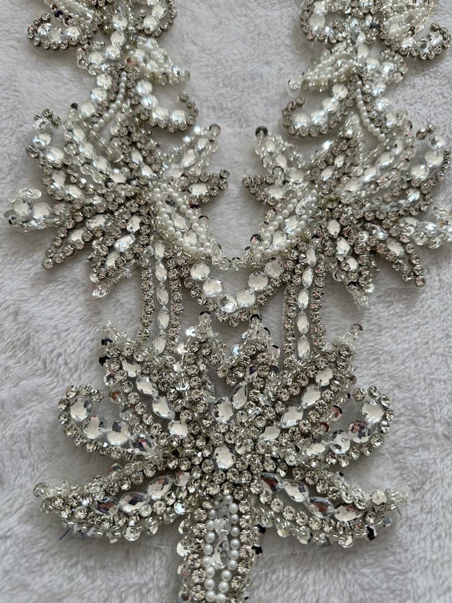 Handmade Beaded Appliques and Patches with Crystals Rhinestones Sew on Lace Sewing Accessories for Wedding Prom Evening Crafts DIY Dresses Gowns Decoration 6X21inches (Silver)