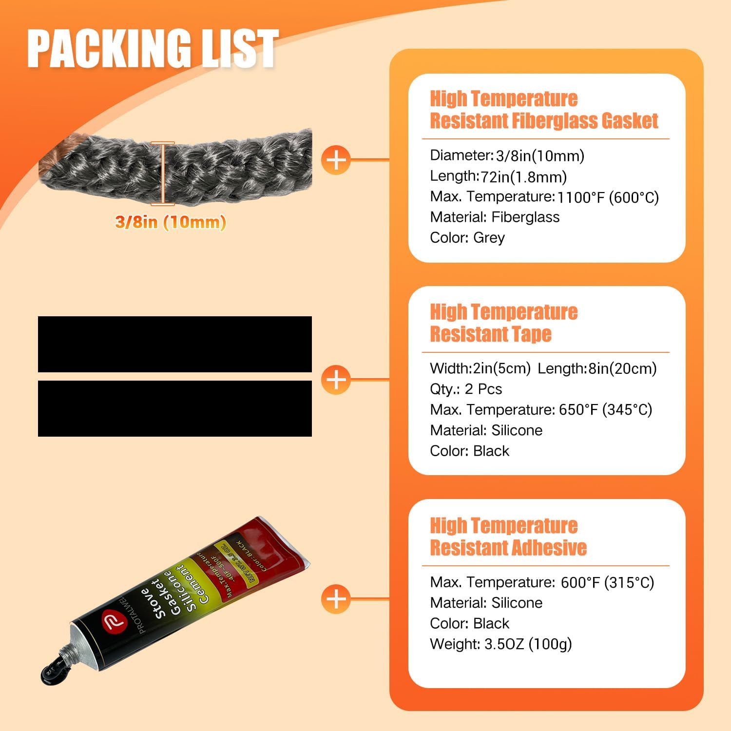 Wood Stove Gasket, 3/8" Wood Stove Door Gasket Kit, High Temperature Resistant Fiberglass Rope Replacement for Stove or Fireplace Doors, Grey Color