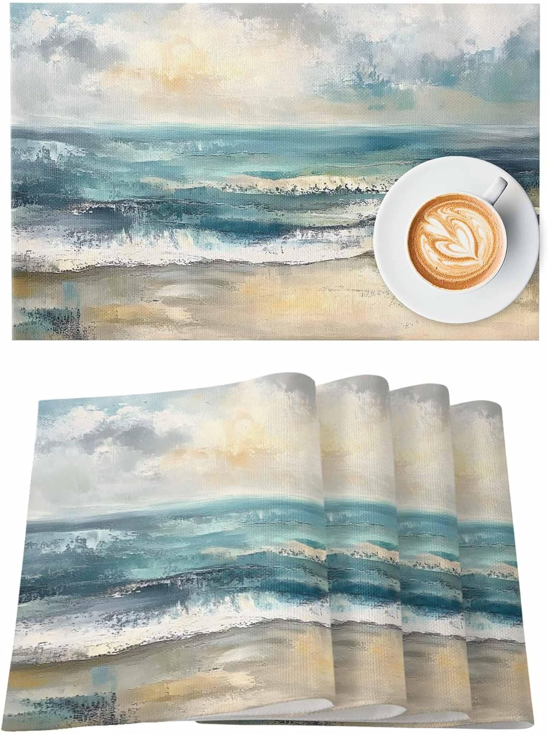 Coastal Beach Placemats for Dining Table Set of 8, Abstract Oil Painting Ocean Wave Linen Cloth for Square/Rectangle/Round Table Mat Placemat, Kitchen Dinner Holiday Décor