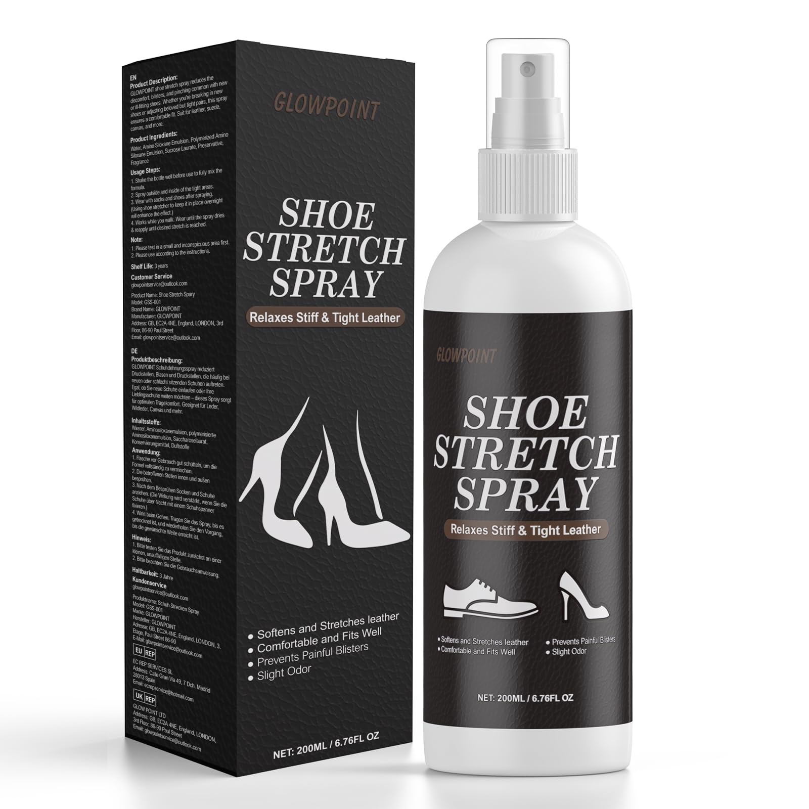 Spray Estirador de Zapatos, 200 ml Spray Estirador de Botas para Hombre y Mujer, Ablandador de Cuero Profesional para Aliviar el Calzado Ajustado, Ensanchador de Zapatos para Cuero, Gamuza,