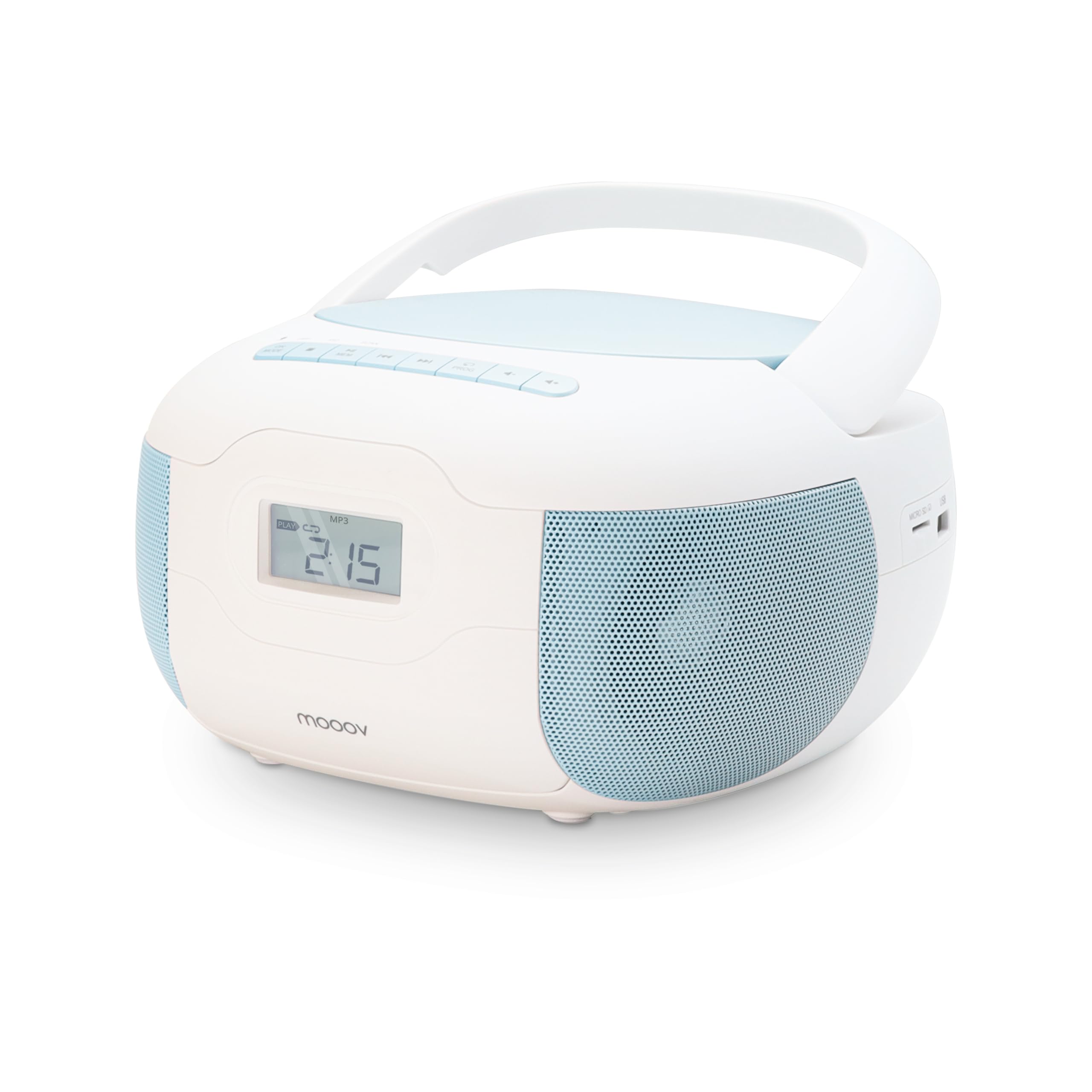 MOOOV 477187 Lettore CD Radio FM Portatile Bluetooth - Voce Boombox Stereo MP3 Ingresso USB, AUX-in, Micro-SD, Presa per cuffie, Schermo LCD - Alimentazione CA o Batteria - Blu