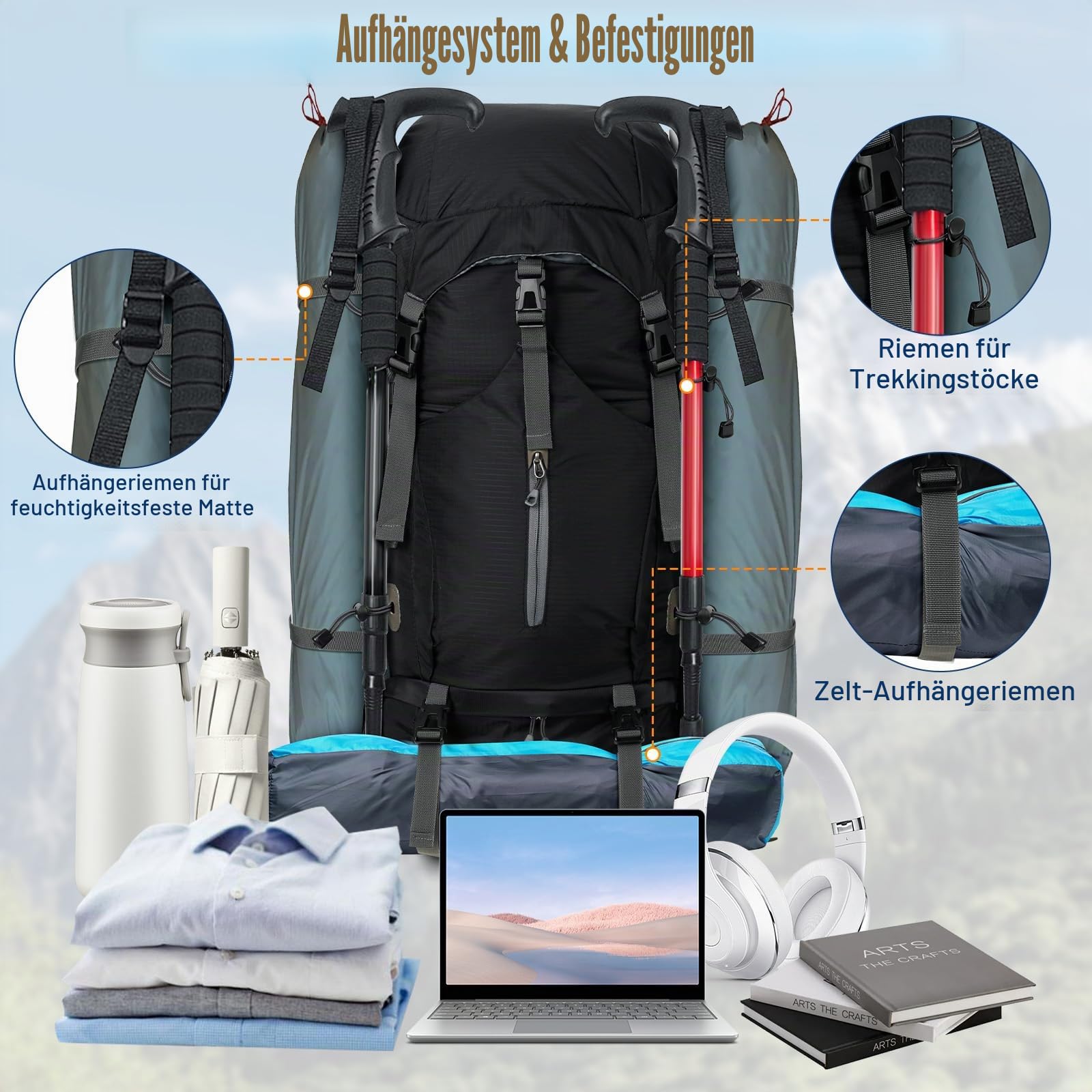 Cozary Wanderrucksack 70L Herren Damen Trekkingrucksack Outdoor Wandern Rucksack Mit Regenabdeckung, Reißfest Wasserdicht mit Belüftungssystem, Mehrere Fächer für Bergsteigen Camping Trekking