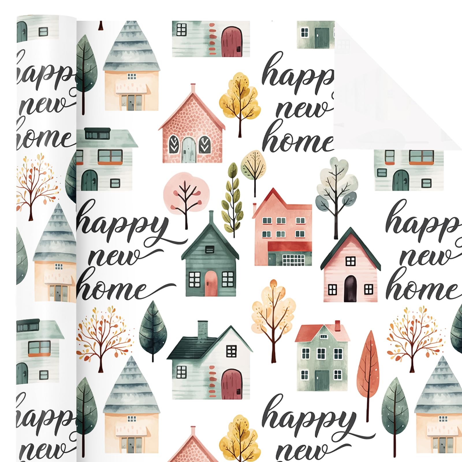 WRAPAHOLIC Happy New Home Wrapping Paper Roll - Mini Roll - 17 Inch x 16.5 Feet - Greeny House Design for House Warming Present for Men Women