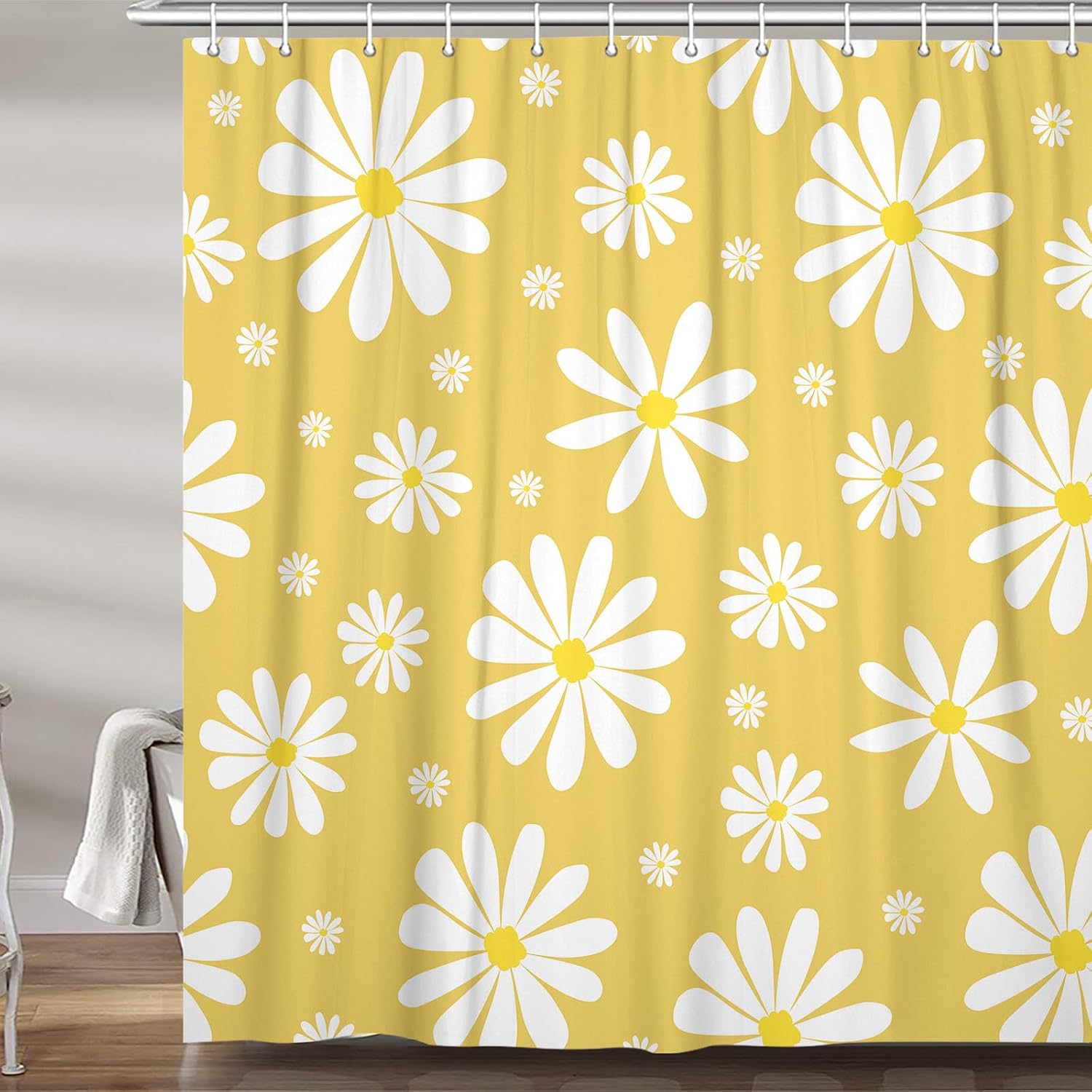 Yellow Daisy Floral Shower Curtain, Cute Boho White and Yellow Groovy Retro Flower Fabric Shower Curtains Set for Girls Bathroom Decorative, Aesthetic Restroom Decor Accessories with Hooks 72X72 Inch